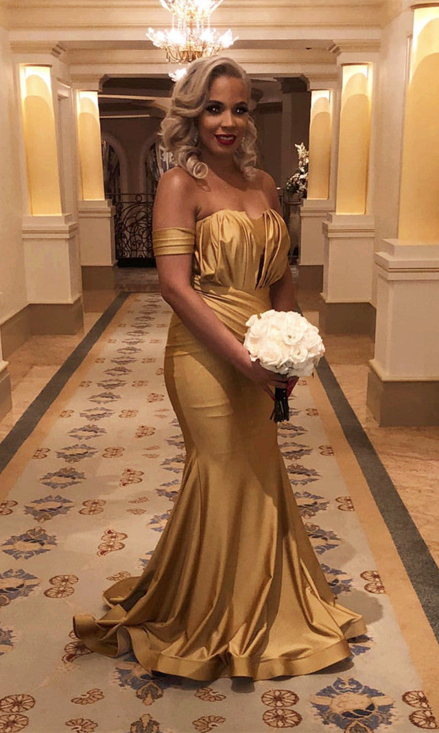 Long Gold Satin Off Shoulder Mermaid ...